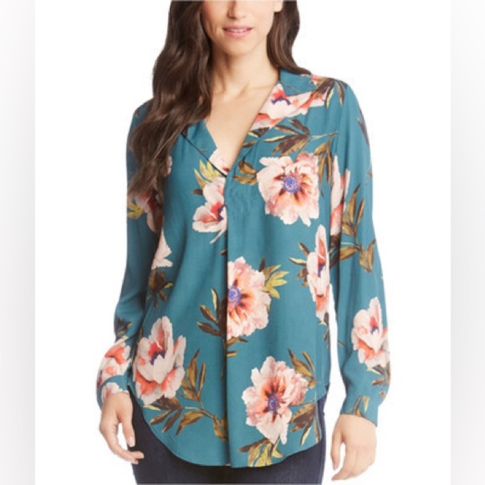 Karen Kane Teal Floral Button Down Shirt notch collar blouse XS Turquoise blue